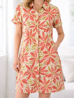✨ Nicole Miller Linen Floral Button Front Shirt Dress Size L